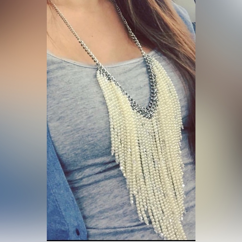 Premier “Pearl Fection” Elegant Silver and Cream Fringe Necklace